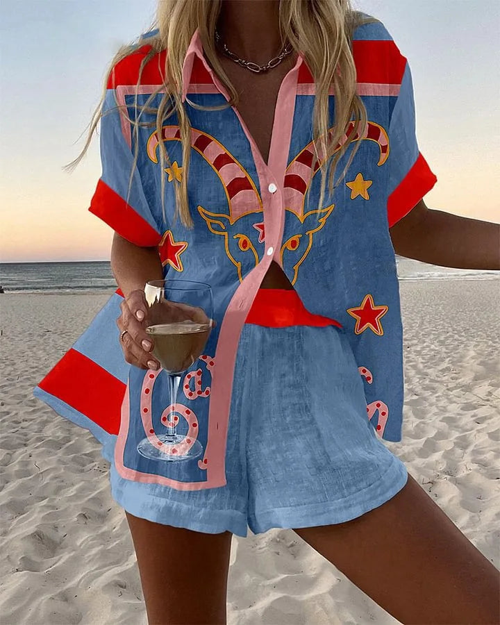 Fashion Print Beach Holiday 2-Piece Set Women Summer Short Sleeve Shirt Top + Wide Legs Short Women's Oversized Two-Piece Outfit