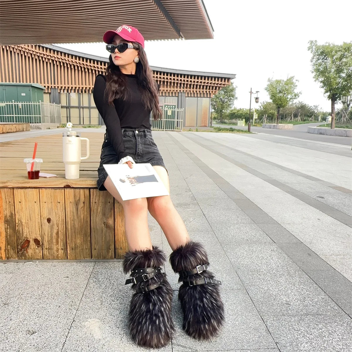 Winter Fur New Design Onepiece Raccoon FurFemale Snow Boots Fur shoes OutdoorMid Leg Boots y2k Cool Pink Girl