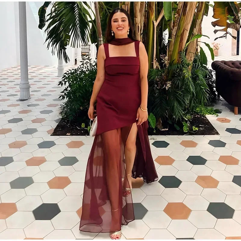 Boho Chic Elegant Mesh Patchwork Sling Dress Sexy Loose Sleeveless Split Scarf Long Dress Female 2026 New Party Evening Dresses