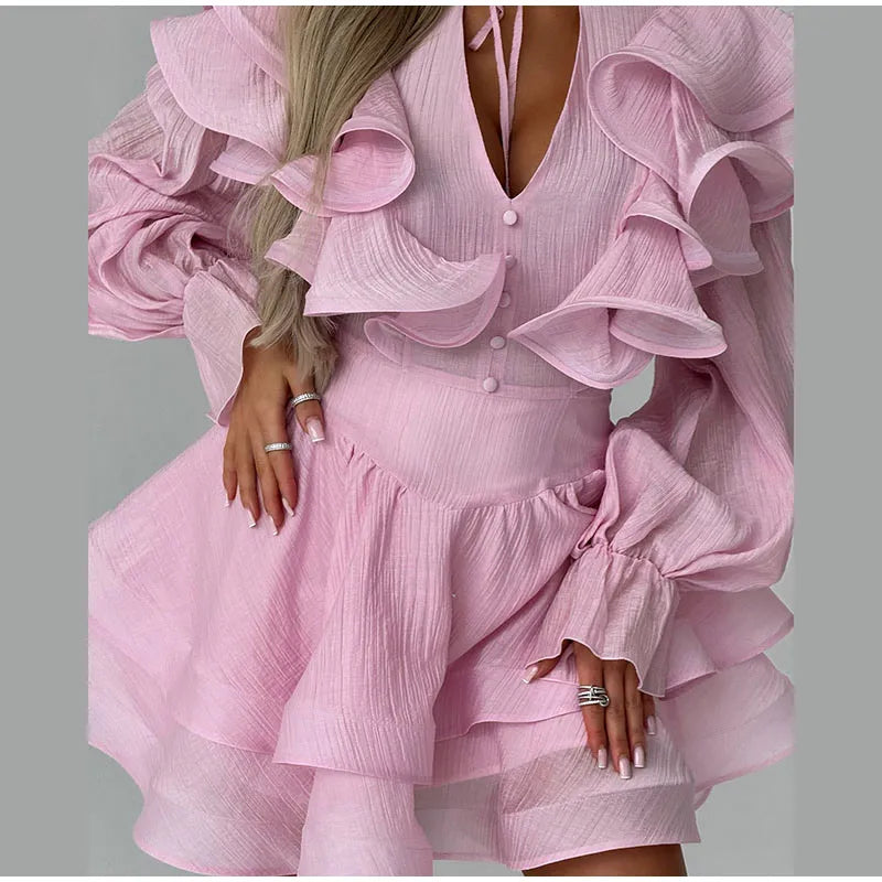 Elegant Floral Print Chiffon Dress Women's Backless Long Sleeve Ruffle Waist Cutout Tiered Dresses 2026 New Lady Party Wear