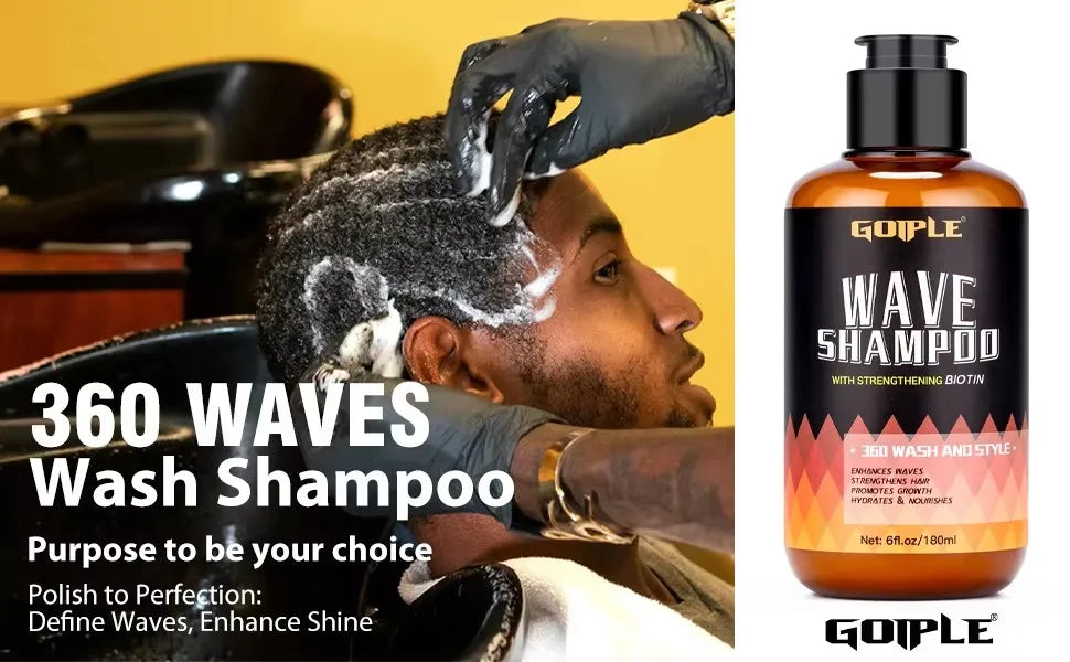 GOIPLE 180ml Wave Shampoo Deep Clean or 113g 360 Style High Shine Hair Pomade Strong Hold Layered Control Wavy Wax Cream for Men