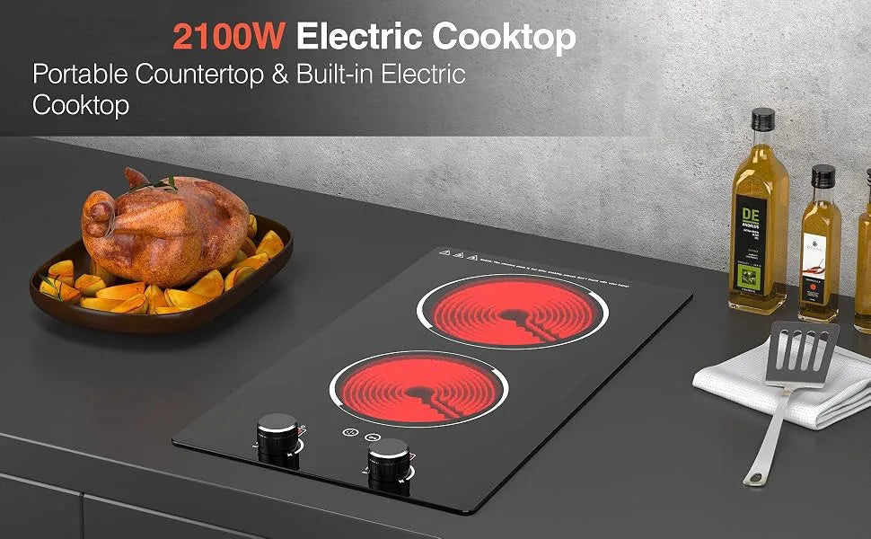 Electric Cooktop 2 Burners Knob Control Countertop Built-in Ceramic Cooktop