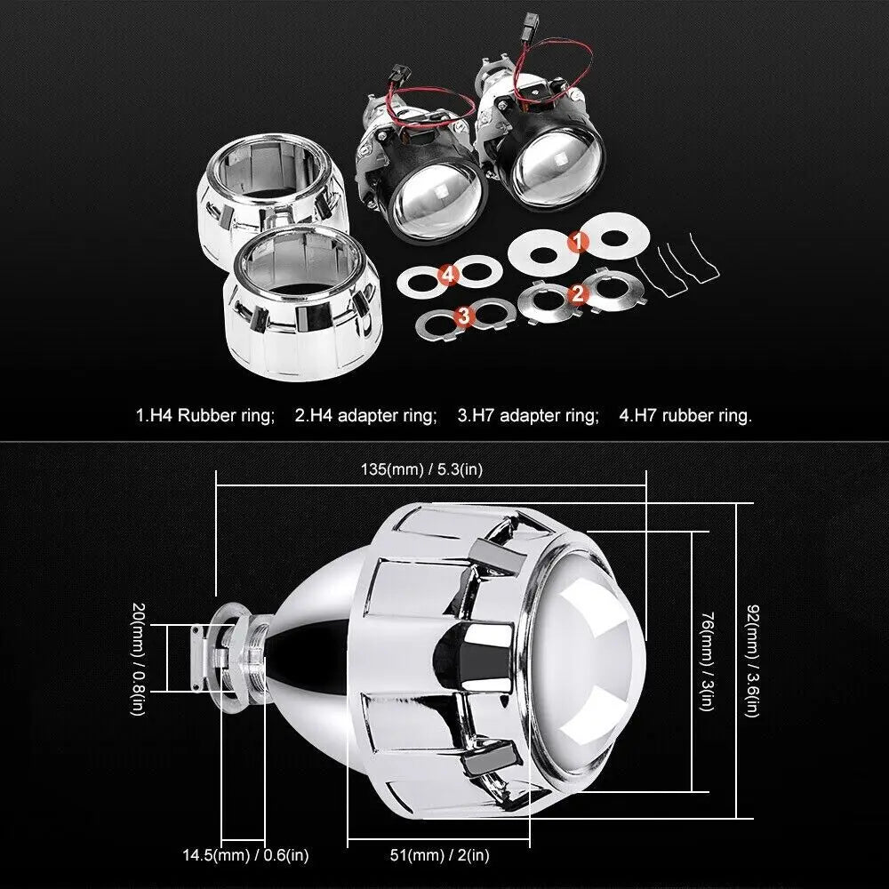 2 Pcs 2.5 inch Bi-Xenon Projector Lens H4 H7 Socket Car Headlight Lenses Use H1 HID Bulb For Retrofit Replacement Auto Headlamp