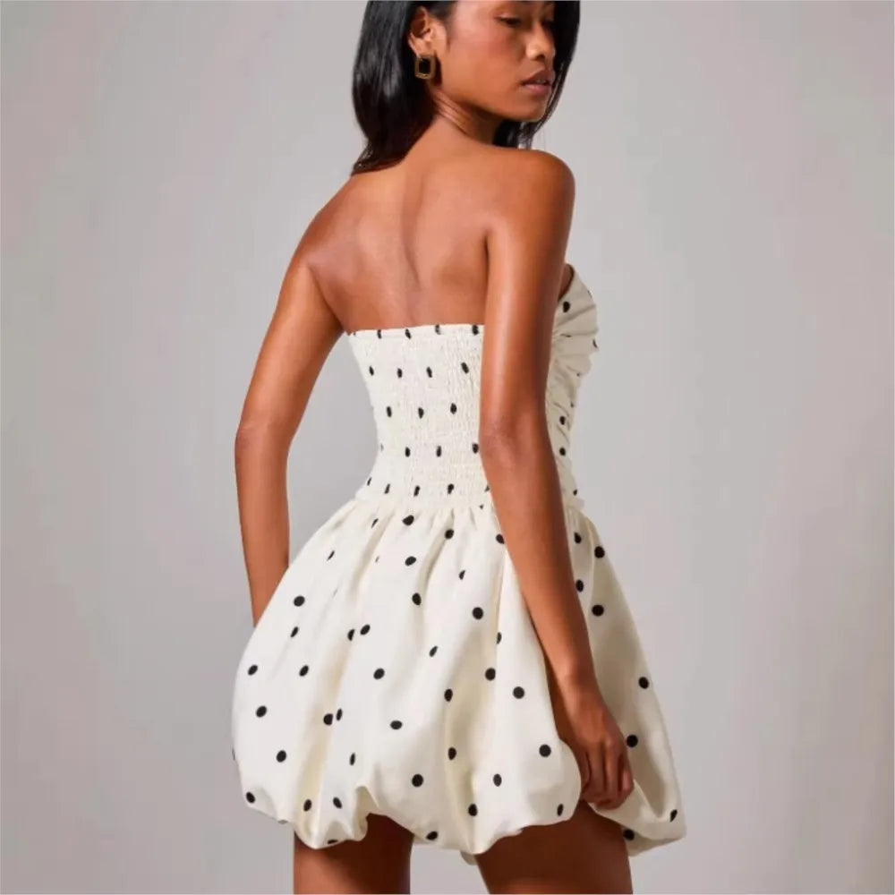 Polka Dot Print Tube Top Dress Summer Women's New Casual Loose Sexy Sleeveless Short Puffy Dress Vestidos De Fiesta Elegantes