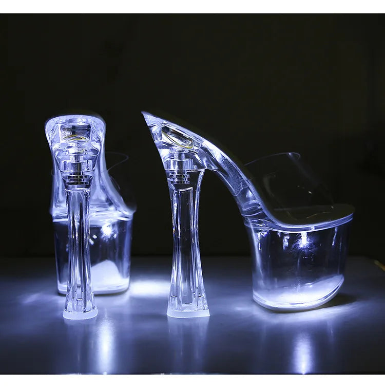 Glowing Crystal High Heels 17cm Nightclub Shoes Sexy Transparent Waterproof Platform Showgirl Stiletto Women's Sandals