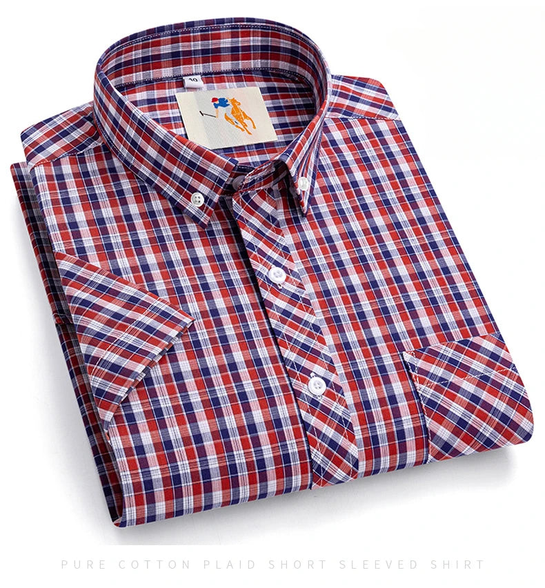 Fashion Korean Plus Size 8XL 100%Cotton Short Sleeve Shirts for Men Slim Fit Formal Plain Shirt Plaid Hawaiian Shirt Casual Top