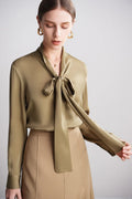 Spring Summer Silk Ribbon Blouse 90% Mulberry Silk Lace Up Long-sleeve Elegant Tops