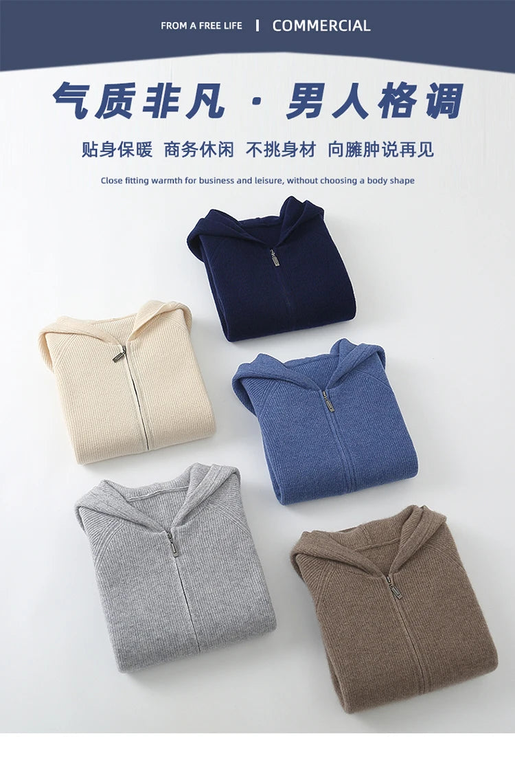 Autumn and Winter 100% Pure Cashmere Cardigan Men's Hoodie Zipper Thick Sweater Loose Plus Size Wool Knitted Sweater Coat