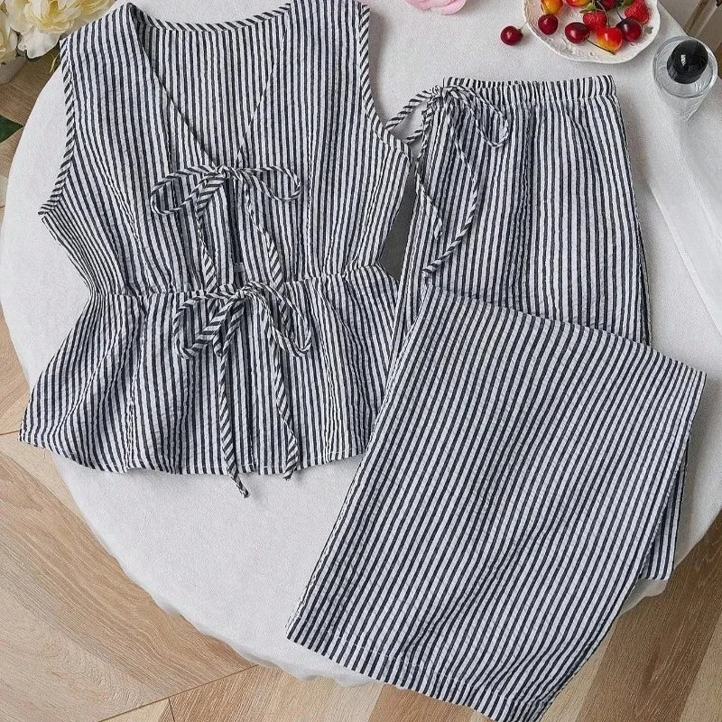 UNXX Summer Solid Color Striped Suit Casual Lace All-match Vest Loose Lace Trousers Sweet Suit Women's Business Two-piece Set