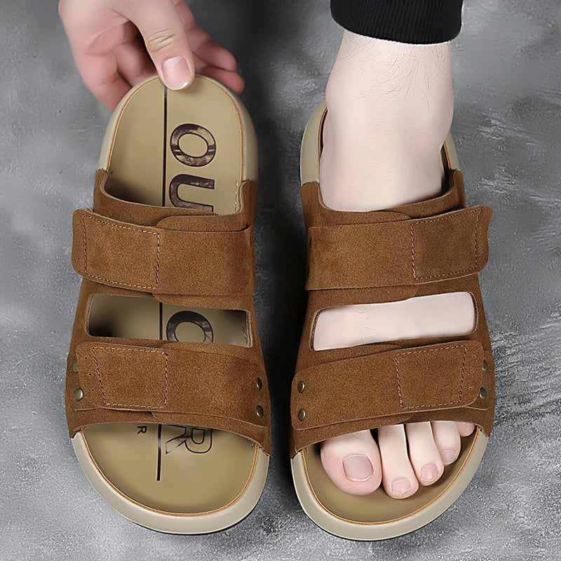 2026 Mens Sandals Slip On Leather Casual Couple Shoes For Men Soft Comfortable Mens Summer Shoes Handmade Men Outdoor Slippers