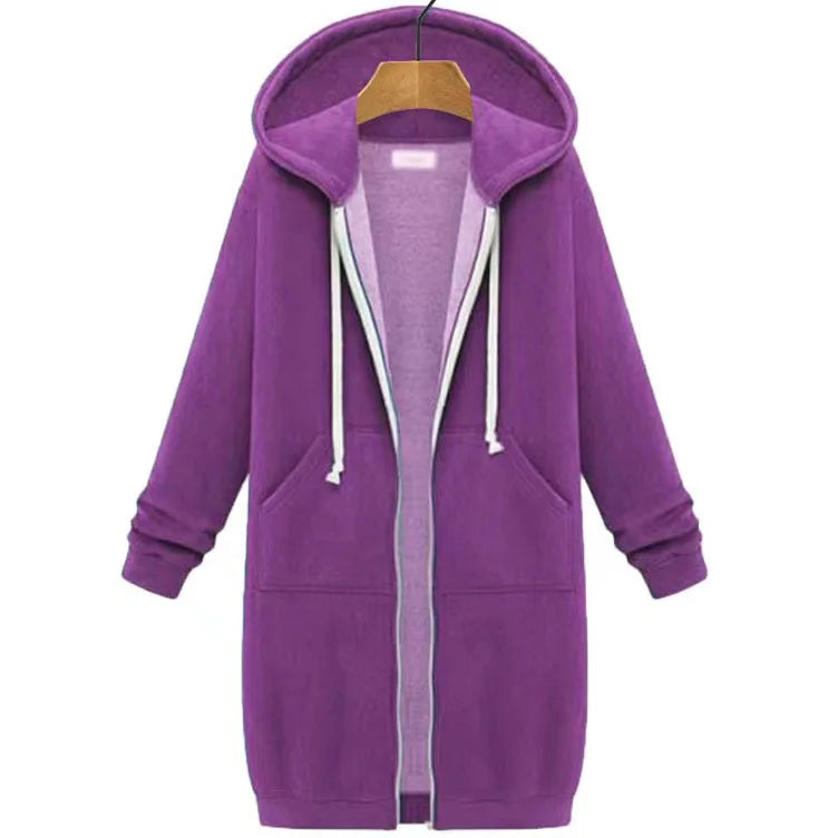 Autumn Winter Women's Hooded Long Sleeve Mid-Length Sweatshirt Fleece Jacket Comfortable Casual Style Polyester Fabric