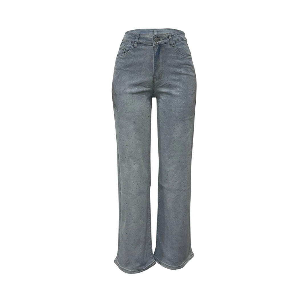 Women's Outfit Featuring Diamond-studded Washed Denim Pants Women's High-waisted Straight-leg Pants, and "hot Girl" Style Pants.