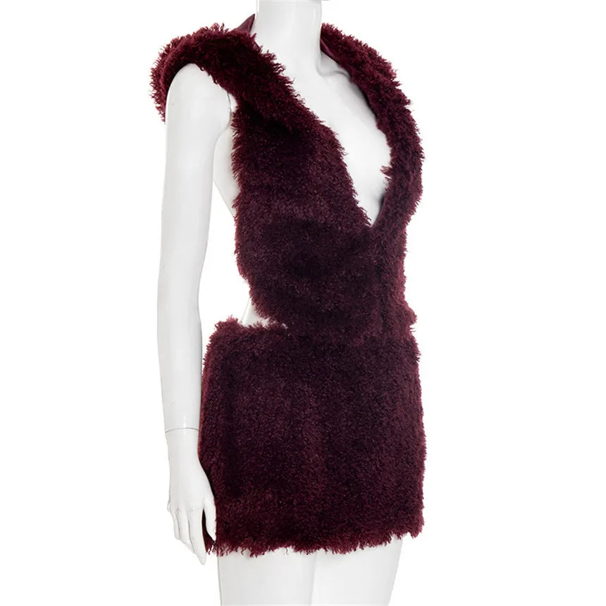 2026 Fall Winter Fashion Faux Fur 2 Piece Set Women Lace Up Backless Hooded Tank Tops + Bodycon Mini Skirts Casual Street Suits