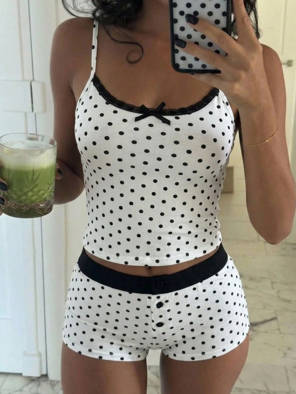 Fashion polka dot lace camisole home suit set, pure desire spicy girl style pajamas two-piece set, short