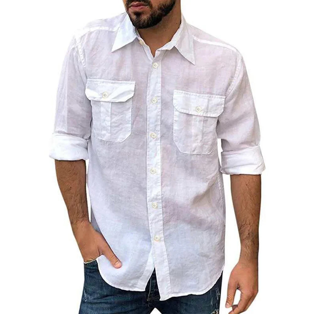 Cotton Linen Men's Shirt Long Sleeve Solid Color Casual Tops Lapel Double Pocket Design Classic Shirt Trendy Male Clothing