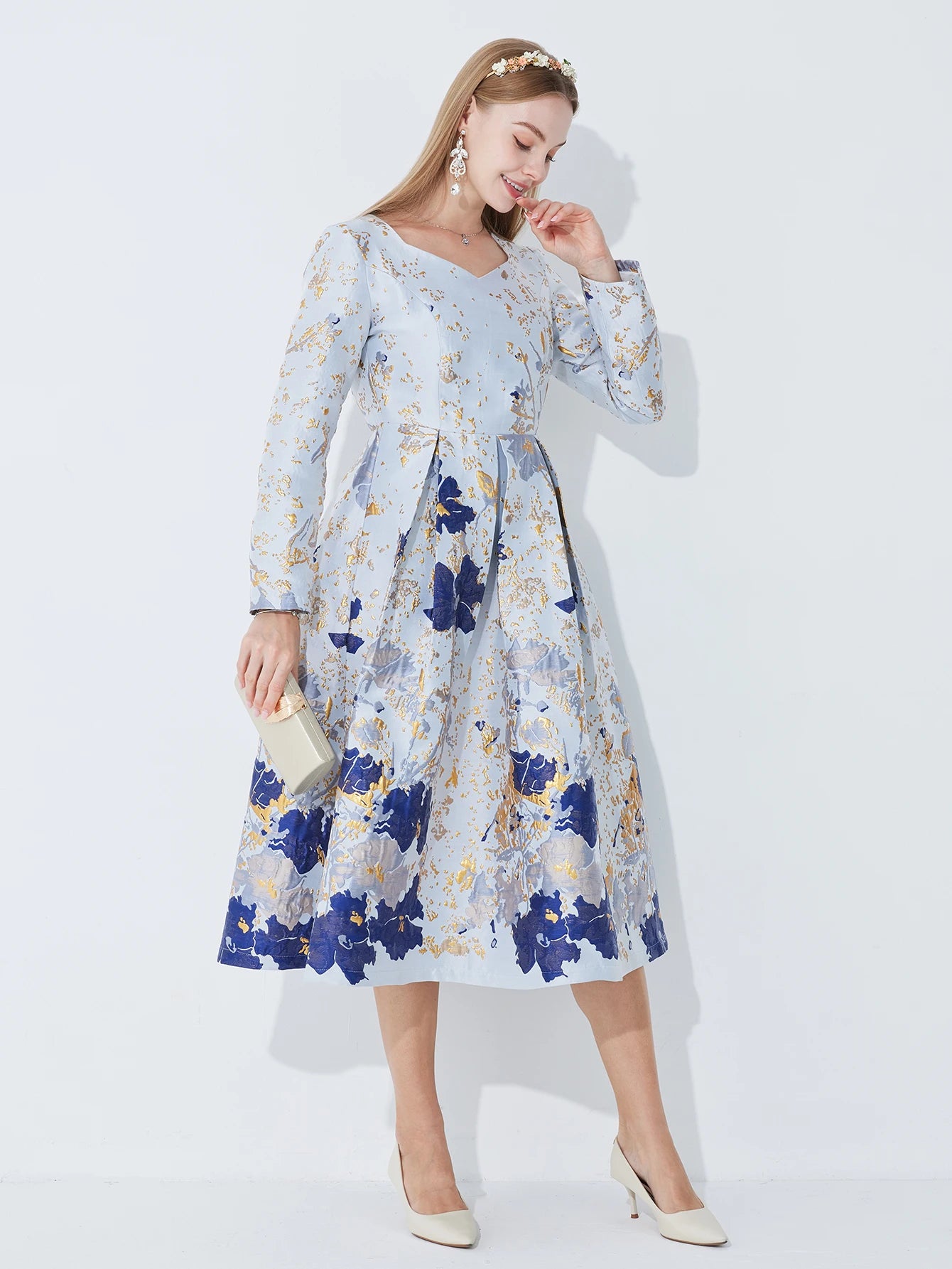 DEVCHATA Women's Luxury Fall Winter Long Maxi Dresses New Jacquard Party Fashion Long Sleeve Dress Lady Evening Clothing