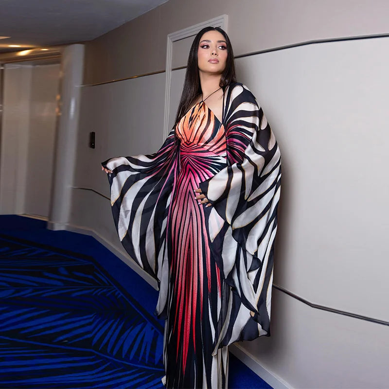 Printed Batwing Sleeve Halter Party Dress Women's Sexy Backless Full Sleeved Maxi Dresses 2026 Autumn Lady Evening Gown