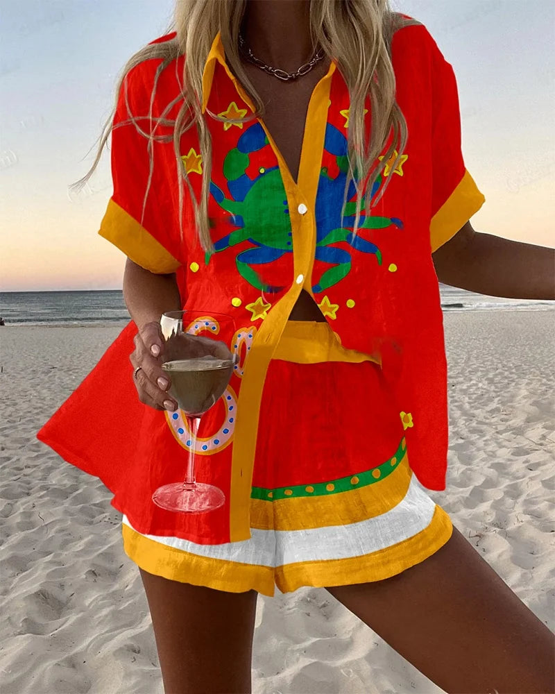 Fashion Women's Beach Holiday 2-Piece Suit Summer Print Short Sleeve Shirt Wide Legs Short Loose Two-Piece Sets Women Outfit
