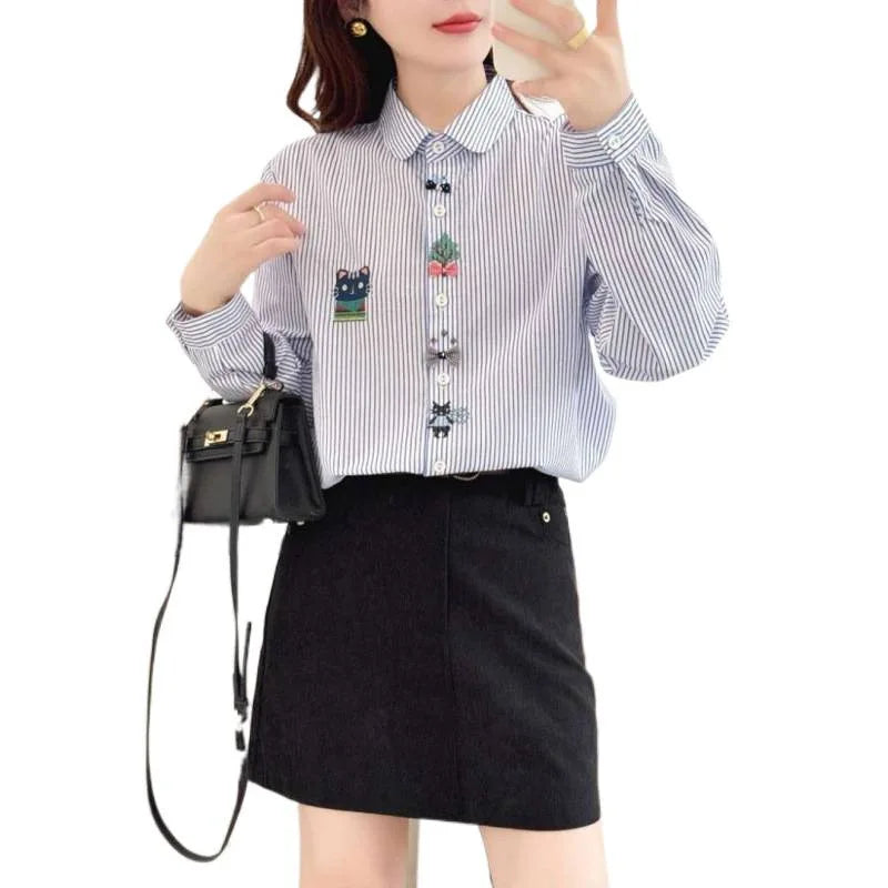 Sweet Cartoon Cat Embroidery Long Sleeve Shirt Women's Casual Style Spring Fashion Artistic Loose Fit Cotton Shirt