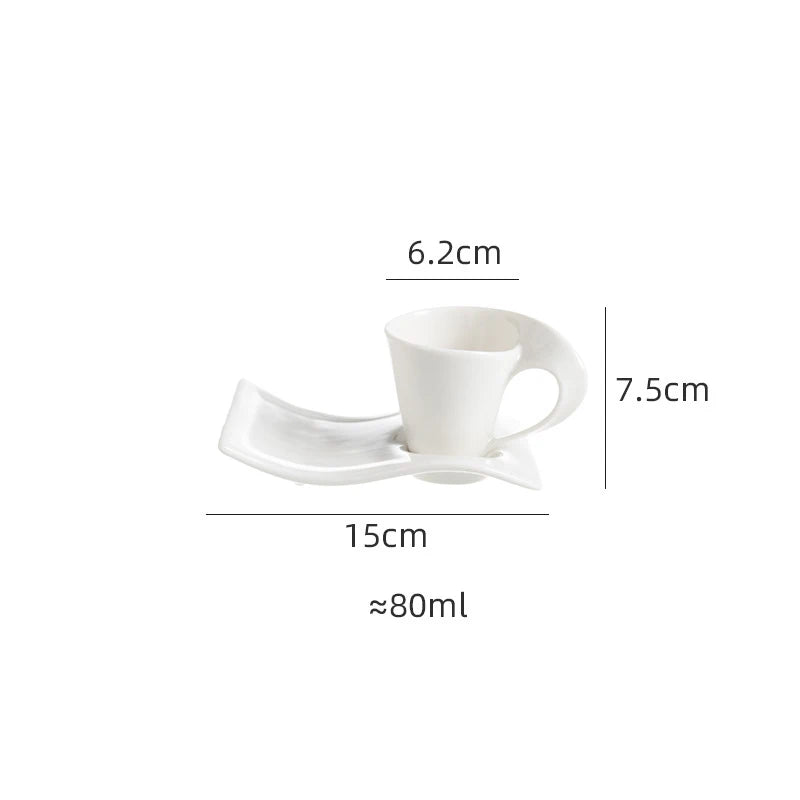 European Ceramic CoffeeCups Set with Wave Shape Plate 80 100 180 and 280ml Modern Minimalist White Cappuccino Latte Dessert Dish