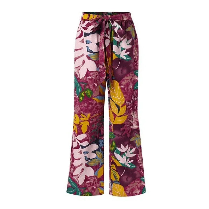 High Waist Drawstring Straight Women Pants 2024 Spring Fashion Loose Trousers Vintage Printed Casual Ladies Wide-Leg Long Pant