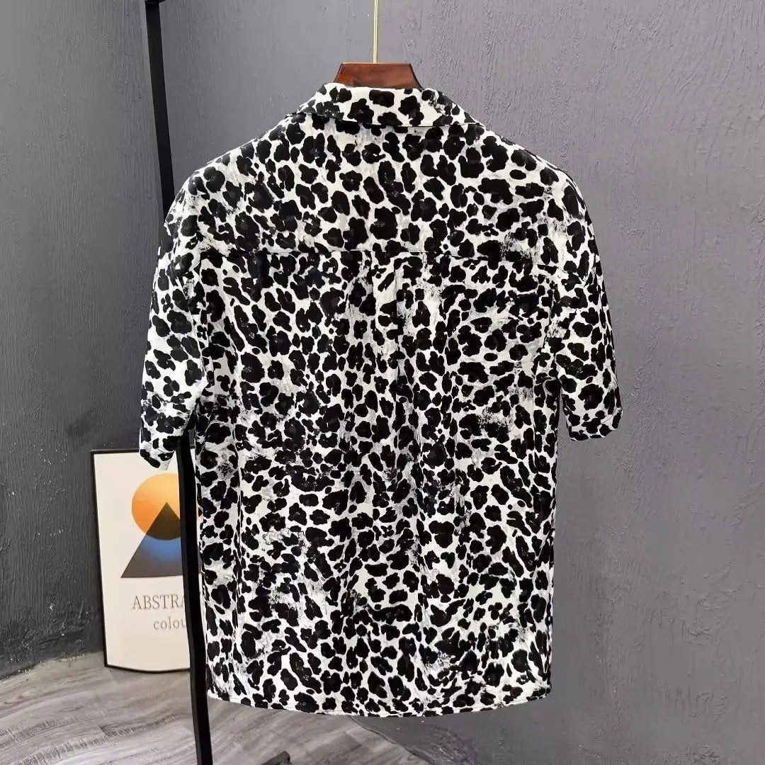 Leopard Print Short-sleeved Shirt Men's Design Niche Fashion Versatile Casual Summer Thin Style 2025 New Trendy Top