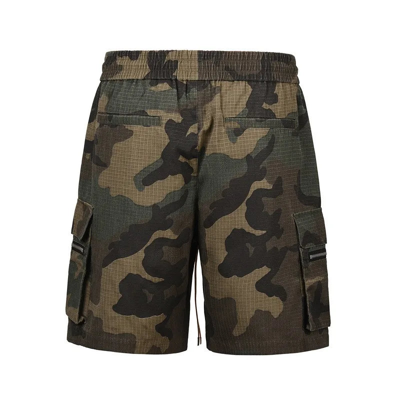 Men's Camouflage Shorts Multi Pocket Zipper Cargo Shorts Streetwear Elastic Drawstring Waist Shorts Male ﻿