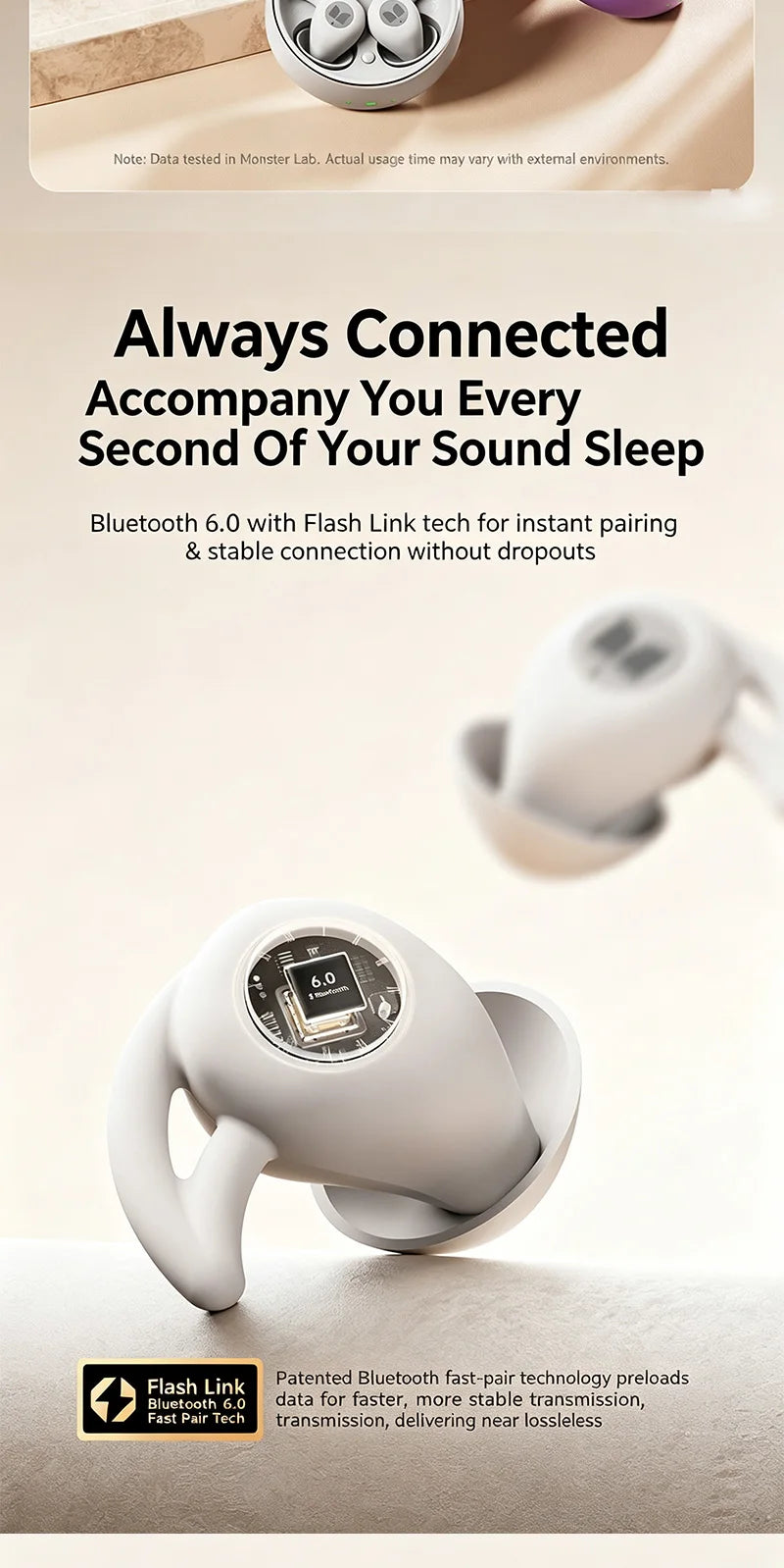 MONSTER GT31 Bluetooth Earphones Wireless Zero-Pressure Earbuds Noise Cancelling Sleep Aid Headphone HiFi Stereo Sound