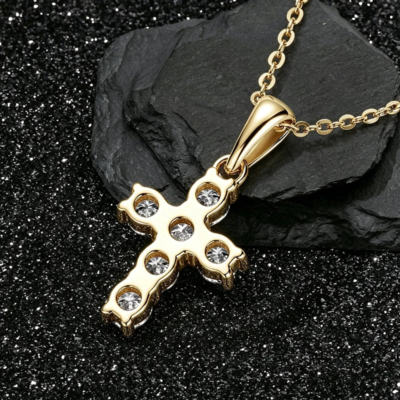 OXTAO 3mm D Moissanite Cross Pendant Necklace for Women Anniversary Gift Fine Jewelry 14K Gold Filled Charm Statement Necklace