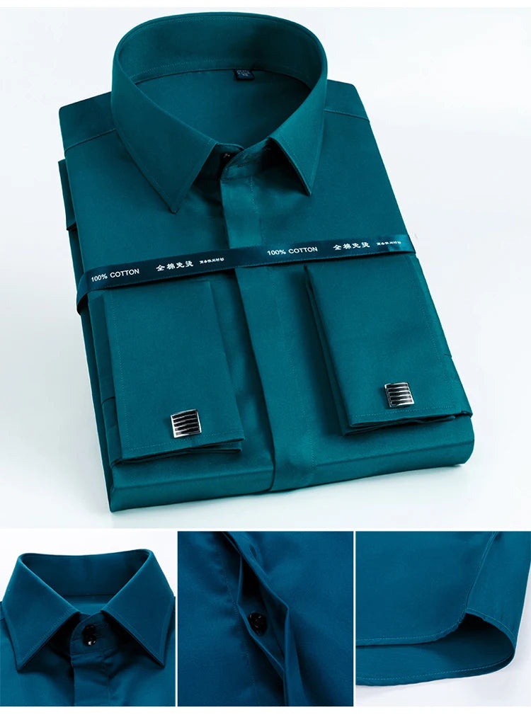 Men's 100% Cotton Iron-Free French Cuff Shirt Front Hidden Buttons Removable Collar Stays Formal Business Long Sleeve Shirts