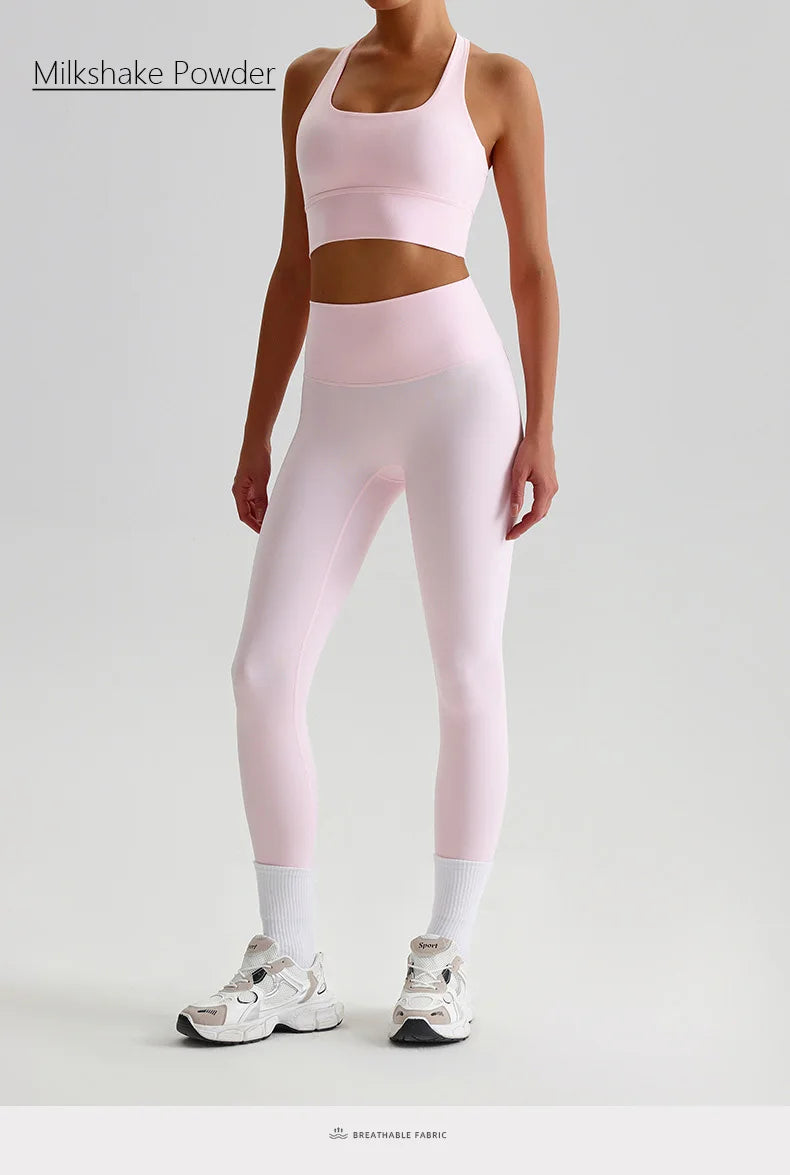 Naked Feel Yoga Set Women Fitness Sportswear 2 Piece Strappy Sports Bra High Waist Gym Leggings Workout Outfit Active Wear