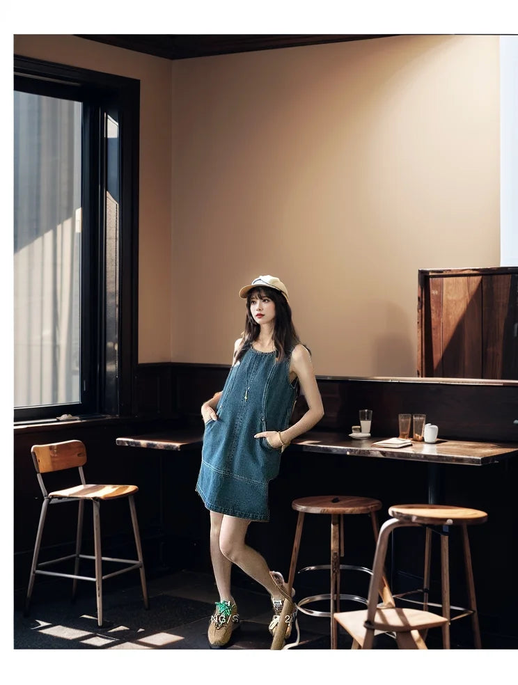 Retro Vest Denim Dress 2025 Summer Fashion Temperament Stitching A Word Street Style Women's Short Skirt