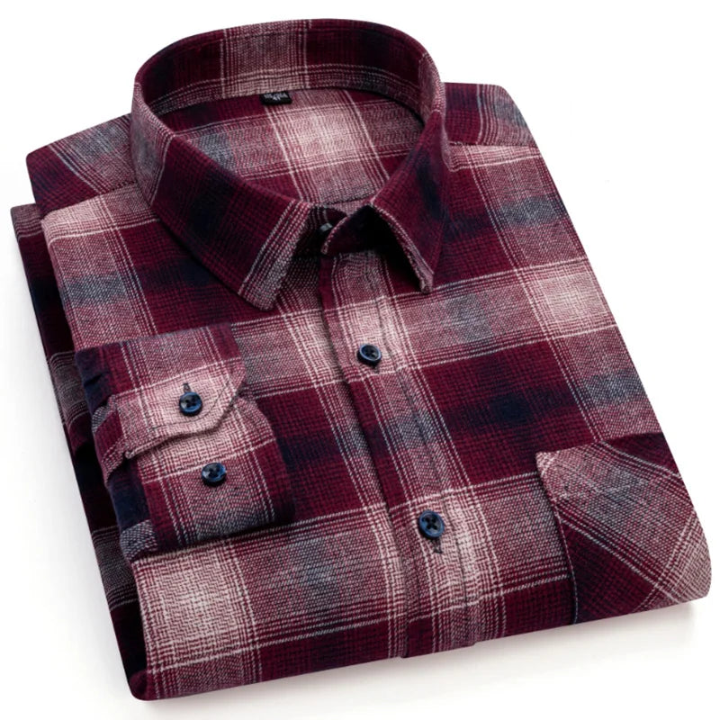 Men's Winter Chic Long Sleeve Shirt Cotton Flannel Plaid Button-Up Comfortable Warm Top for Business Casual Dress Shirts New