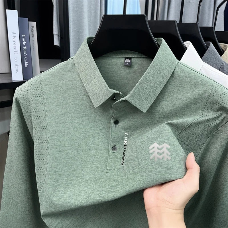 Men's Autumn Long Sleeved Polo Shirt Collar Offset Printing Breathable Mesh Design T-Shirt Sports and Casual Men's Clothing Top