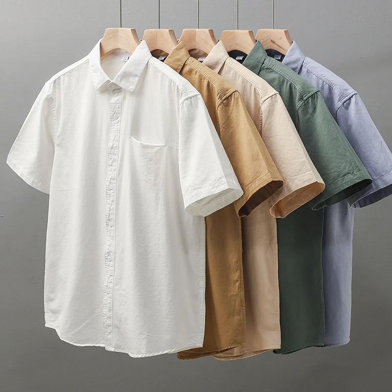 Dukeen Heavyweight Short-Sleeved Shirt Men's Summer Solid Color Lapel Pocket Casual Shirt Cotton White Shirts