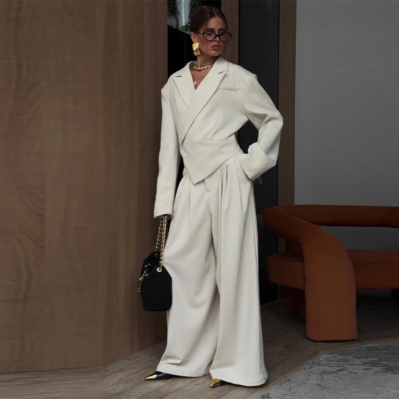 Elegant Irregular Women's Blazer Trouser Suits Single Button Lapel Full Sleeve Wide Leg Pants Lady Set 2026 2 Pieces Set Women