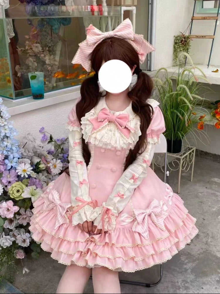2025 Japanese Kawaii Sweet Lolita Princess Dress Women Pink Y2k Bow Lovely Slim Dresses Female Korea Style Design Chic Outfits