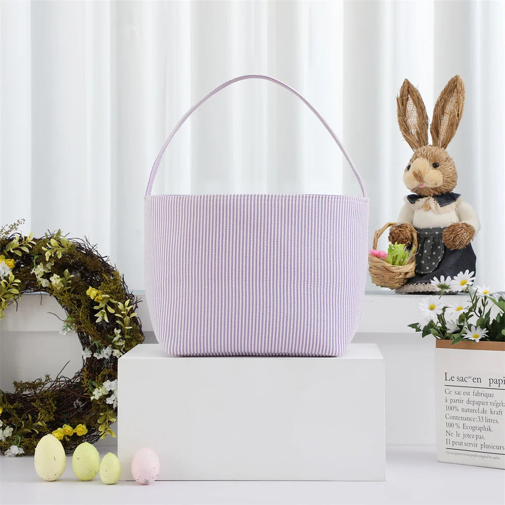Seersucker Easter Basket Halloween Stripped Bucket Kids Boys Girls Egg Hunt Carrying Gift Tote Bag Toys Party Decoration
