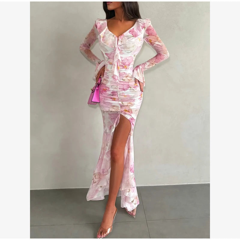 Women Pink Floral Print Maxi Dress Elegant V Neck Ruffle Trim Flare Sleeve Ruched High Chiffon Dresses 2026 Lady Party Vestido