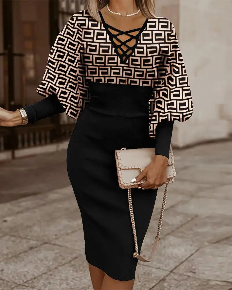 Elegant Women's Maze Printed Long Sleeved Slim Fit Dress 2024 Fashionable Woman Hollowed Out V-neck Cinched Party Club Vestiods