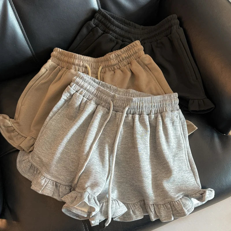 High Waist Wide Leg Casual Shorts Women Summer Korean Loose Versatile Wood Grain  Sports Beach Hot Pants Asymmetric Strai...