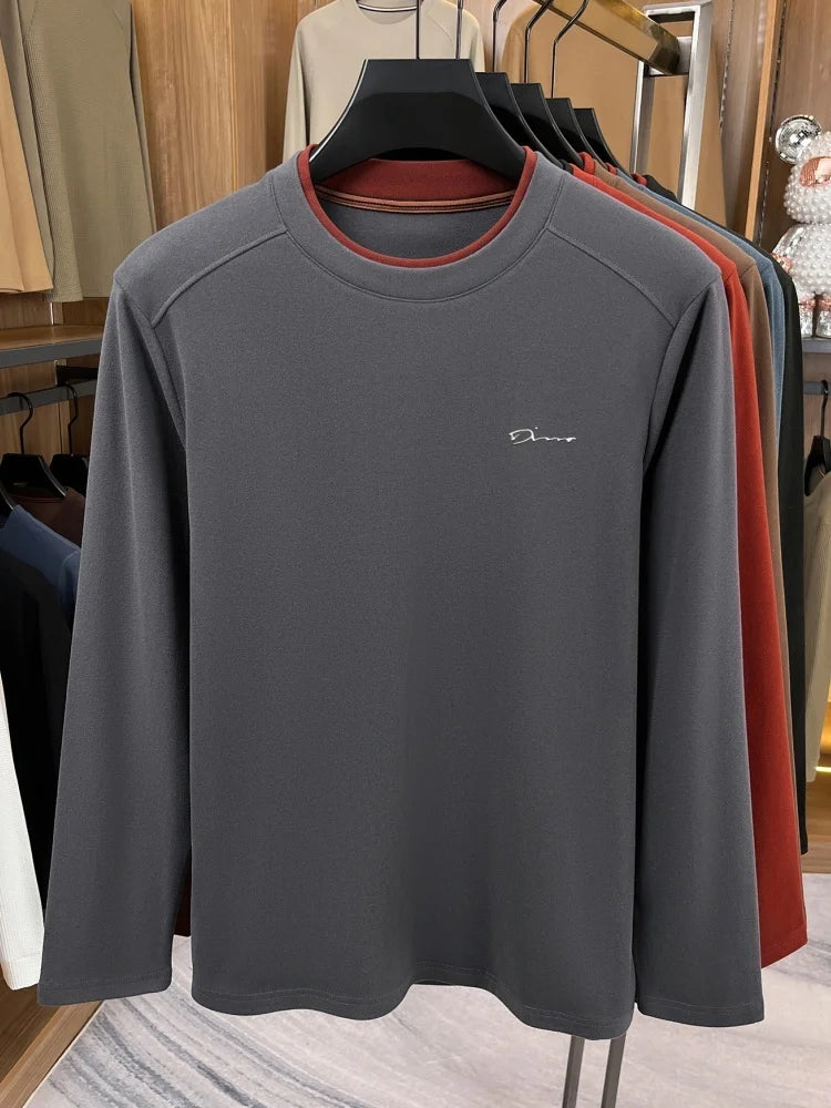 Unique fake two pieces round neck sweater men fashion brand letter emboss pullover autumn winter warm velvet long sleeve T-shirt