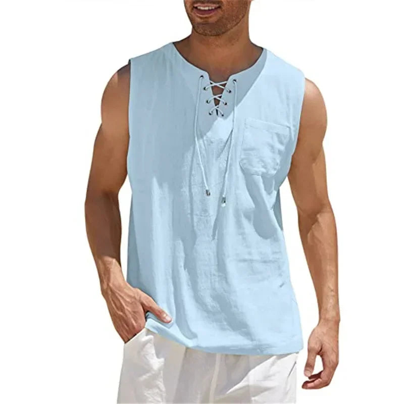New 2026 Men's Casual Cotton Linen Tank Tops Men Drawstring V Neck Sleeveless Shirts Summer Casual Shirt Gym Fitness Vest Tops