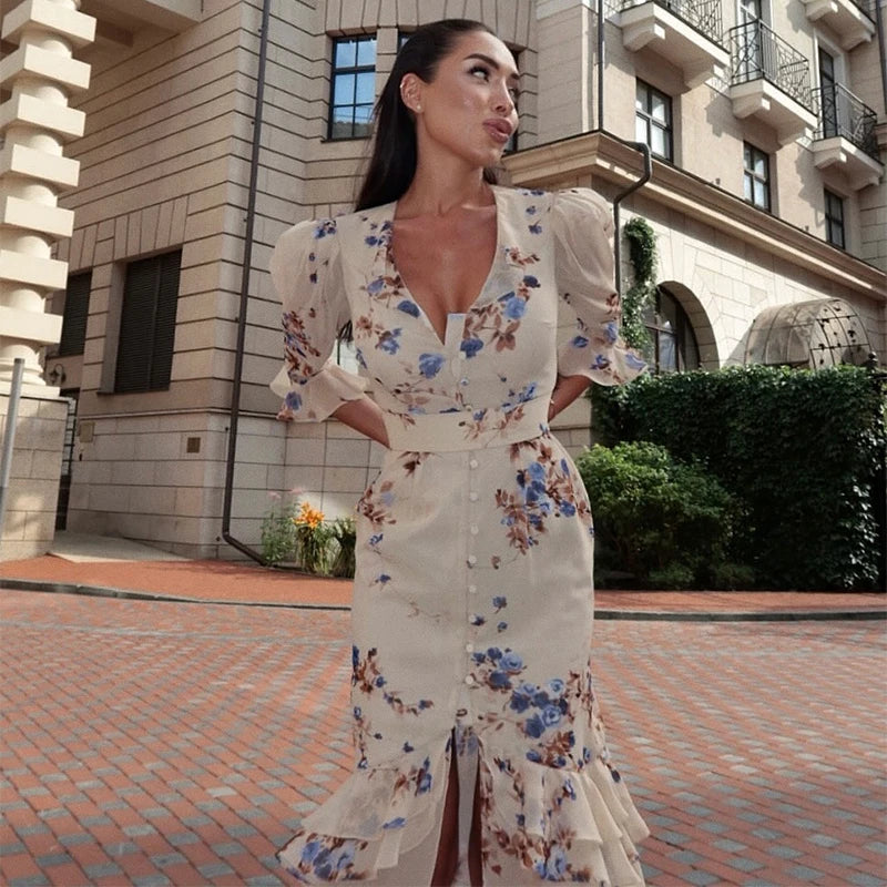 Sexy Print Women Long Dress Urban V-neck Single Breasted Ruffles Half Sleeve Female Dresses 2026 Spring Autumn Lady Robe