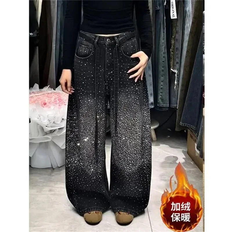 Korean Loose Women Denim Pants 2026 New Autumn Winter Retro Hot Diamond Long Cowboy Trousers Ladies Casual Streetwear Jeans
