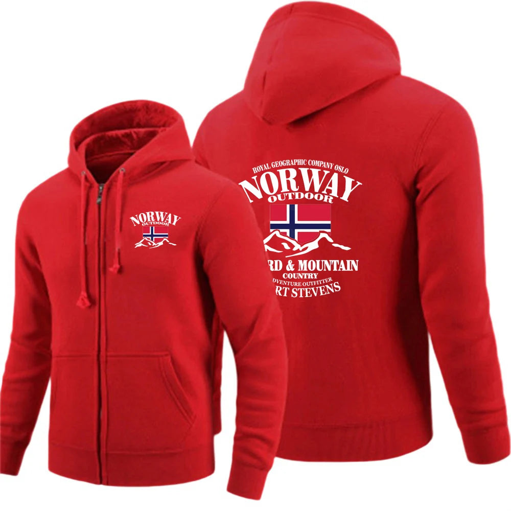 2025 New Spring And Autumn Norway Flag Fjord Mountain Men's Solid Color Zipper Pullover Warm Long-sleeved Comfortable Caot