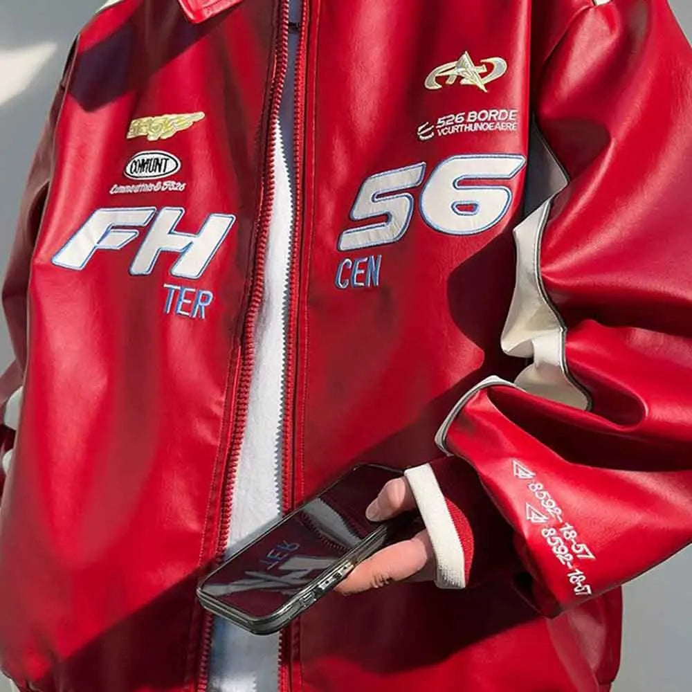 Men’s PU Leather Racing Jacket Oversized, Zip-Up Varsity Bomber Coat, Streetwear Motorcycle Style