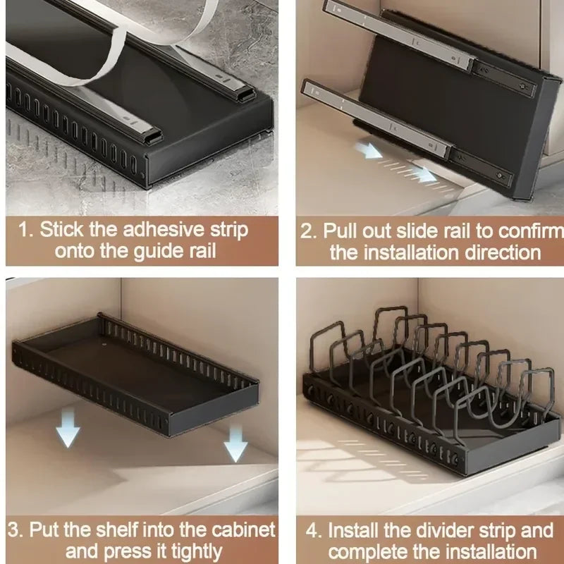 Kitchen Cabinet Pull Out Tray Organizer Adjustable Dish Rack Slide Rails Pots Pans Storage Holder