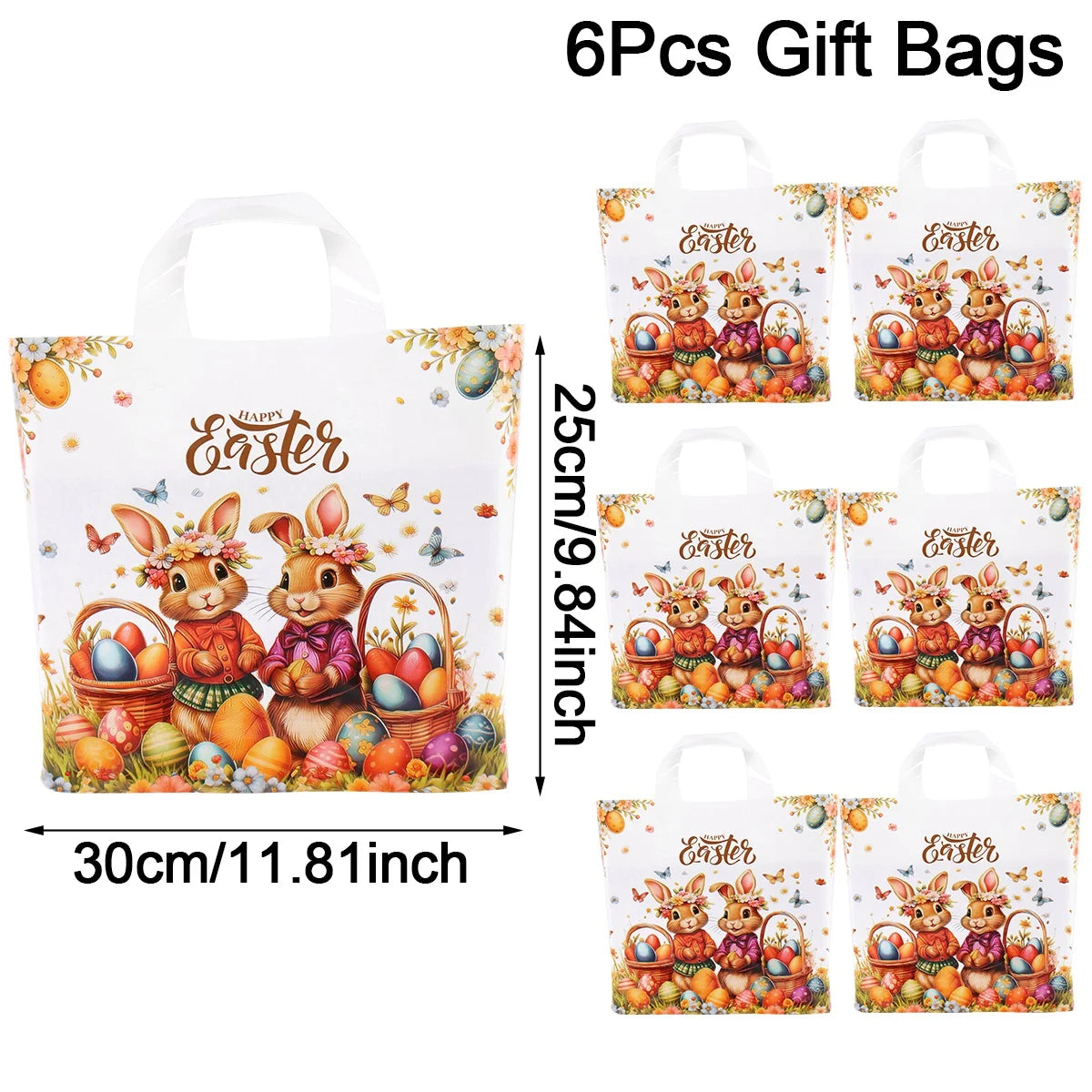 6pcs Happy Easter Large Gift Bags with Handles 25*30cm Plastic Tote Bags Cute Bunny Eggs Printed Treat Bags Easter Party Needs