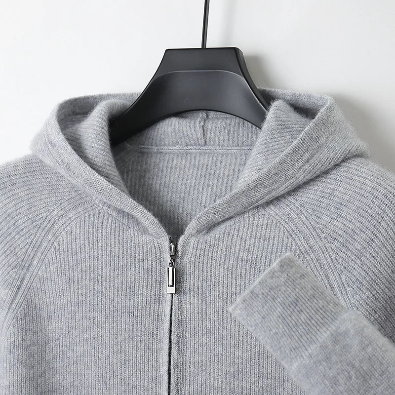 Autumn and Winter 100% Pure Cashmere Cardigan Men's Hoodie Zipper Thick Sweater Loose Plus Size Wool Knitted Sweater Coat